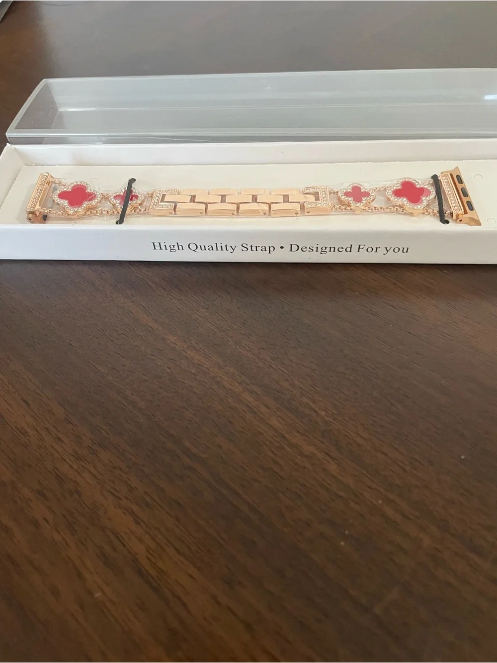 Rose Gold Metal Smartwatch Band with Red Clover Accents